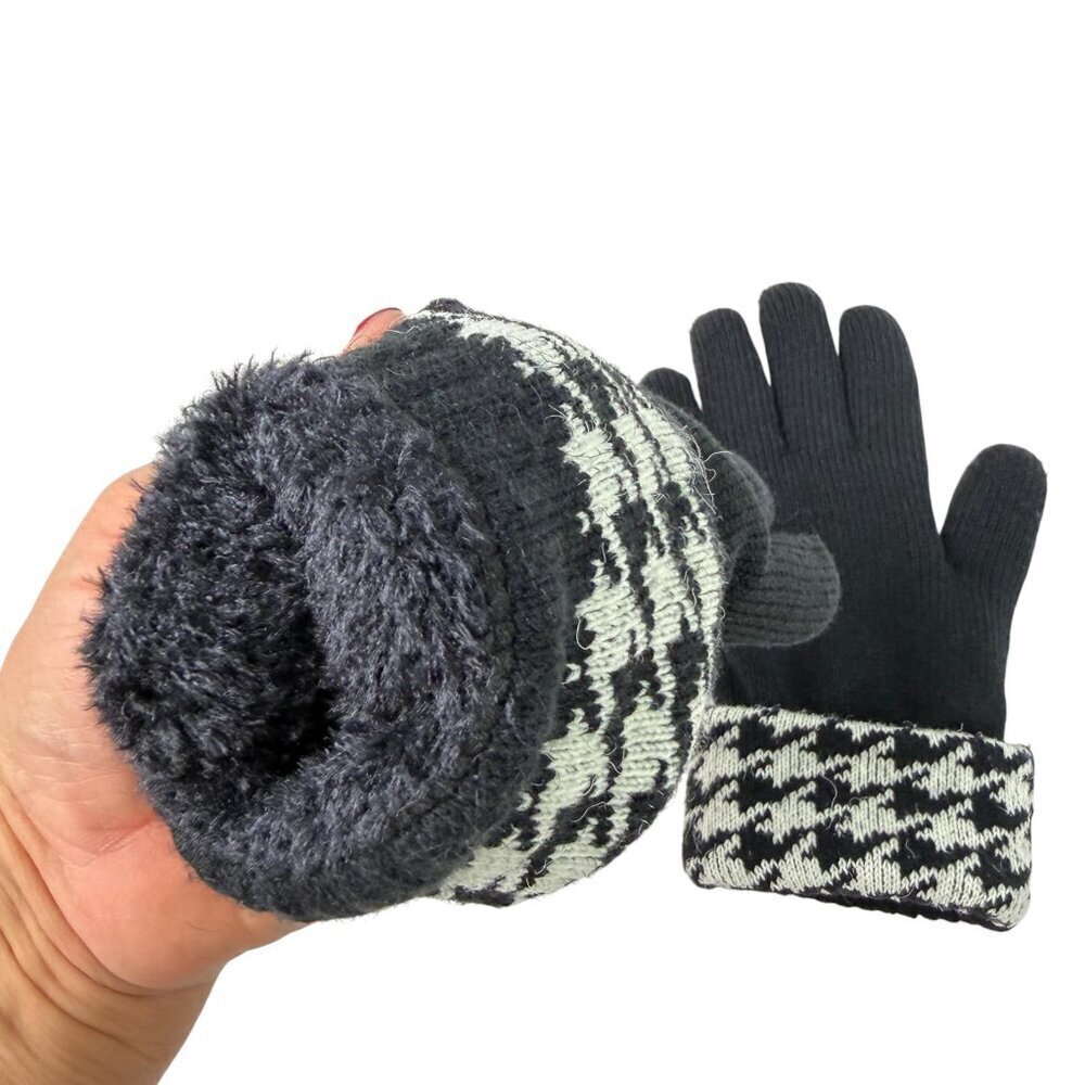 Women’s Black Knit Gloves with Houndstooth Cuffs – Fleece Lined - Picture 2 of 3